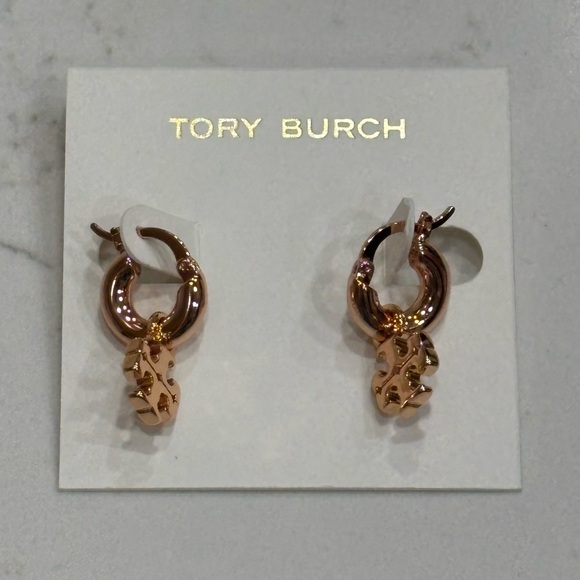 TORY BURCH ROSE GOLD KIRA LOGO HUGGIE HOOP EARRINGS - Picture 6 of 10